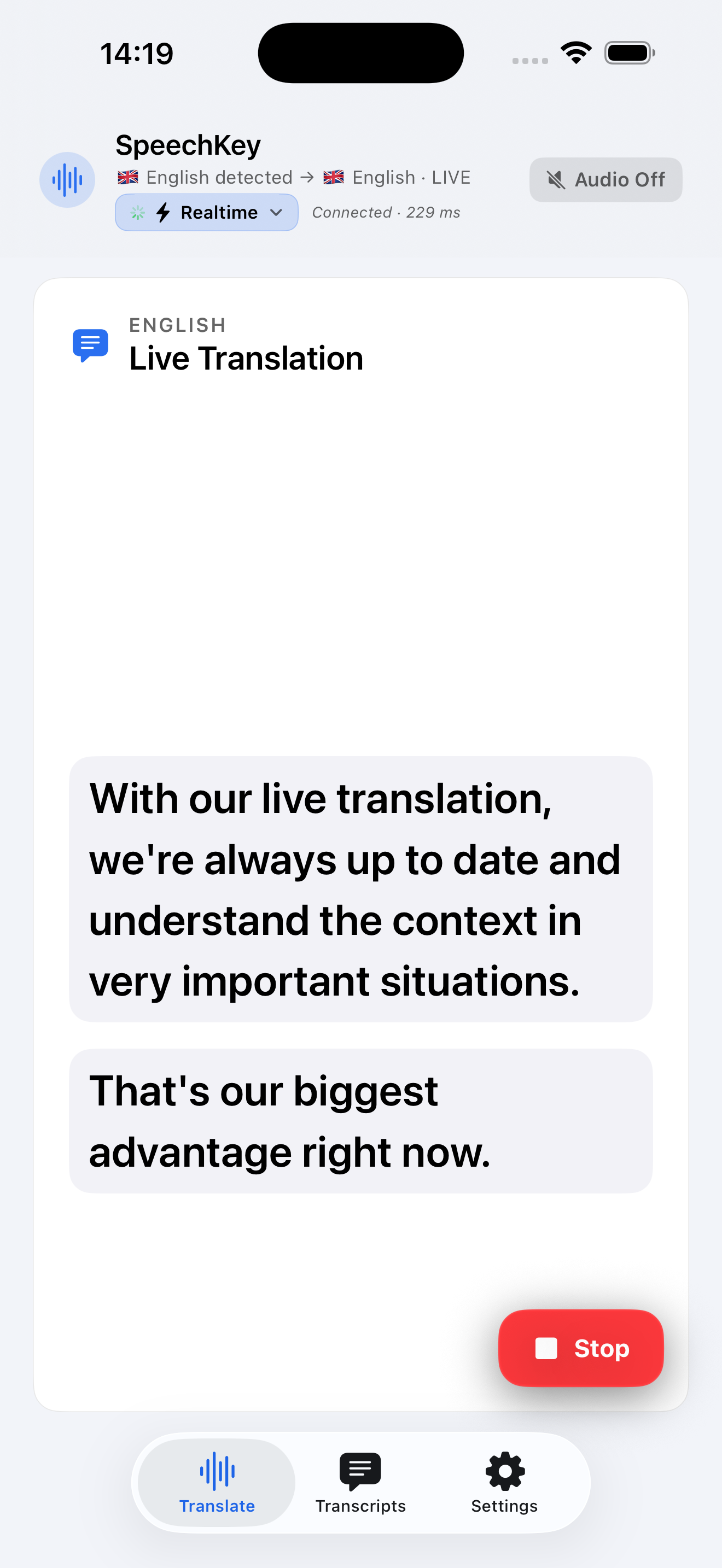 SpeechKey live translation session — ZH→DE, 229 ms latency